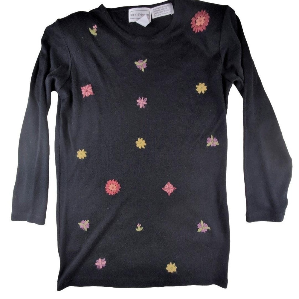 Vintage Karin Stevens Floral Embroidered Wool Blend Sweater Dress Layered Slip M